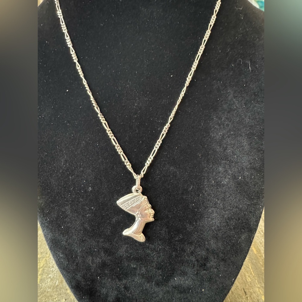 Ancient Egypt/kemet sterling silver cleaopatra goddess head pendant Necklace 18”